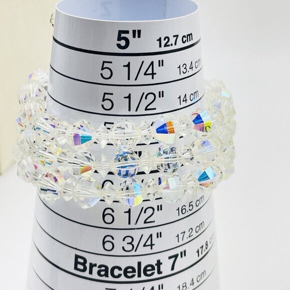 Triple Strand Beaded Bracelet Silver Tone Rhinestone Clasp Sunburst Glam Bling - Picture 5 of 8